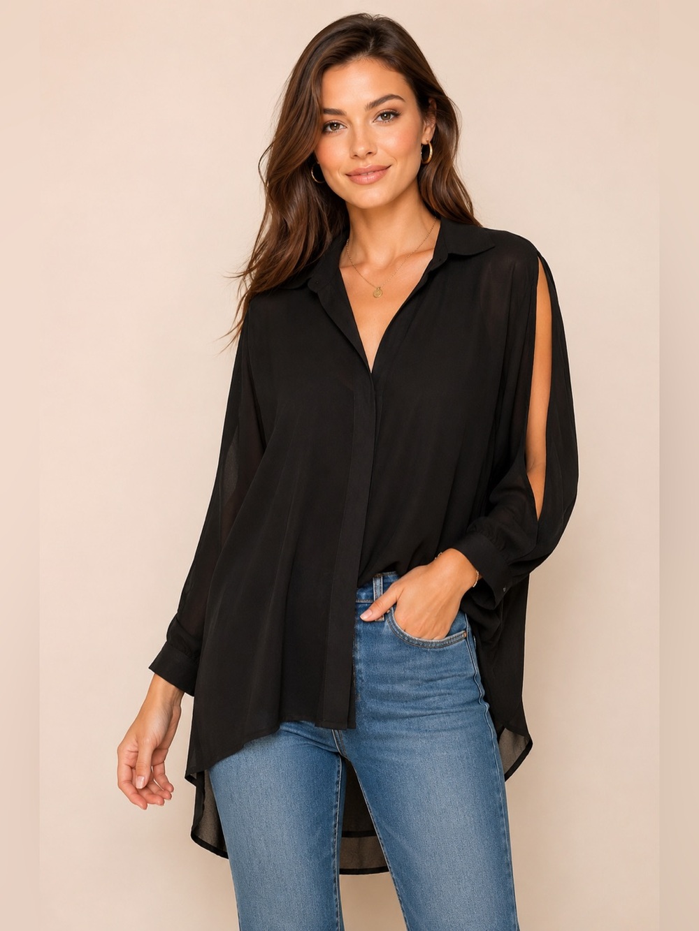 Chico's Black Split-Sleeve Button-Down Blouse